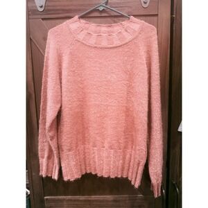 Knot Sisters Womens Eyelash Knit Fuzzy Sweater Peach Pink Crew Neck NWT Size L